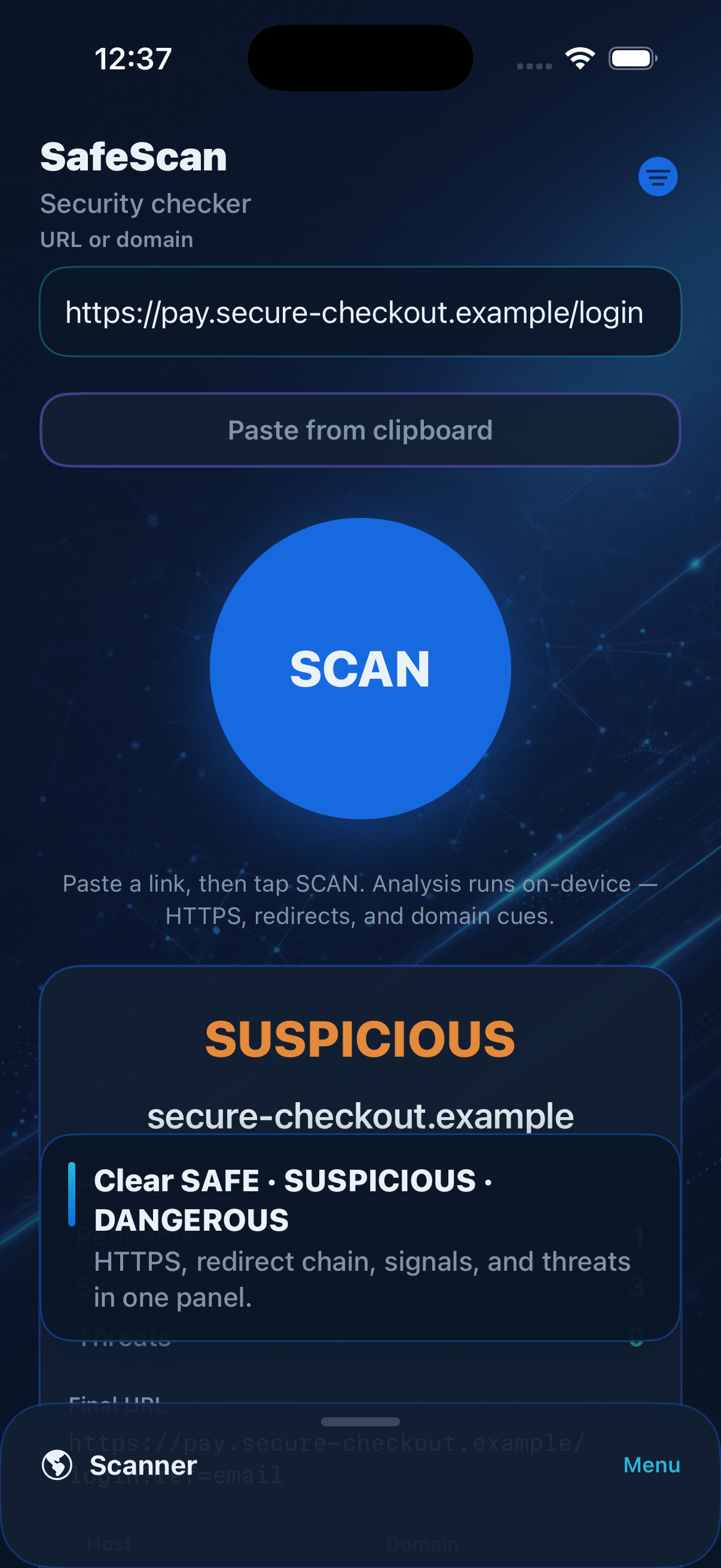 Scan result screen